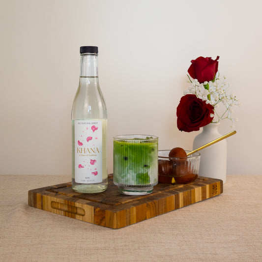 Khana Rose syrup lifestyle - rose latte with fresh rose petals