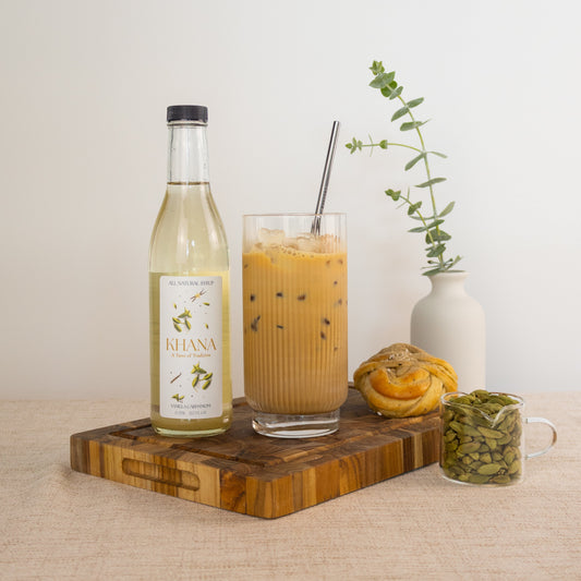 Khana Vanilla Cardamom syrup lifestyle - iced latte with vanilla cardamom syrup