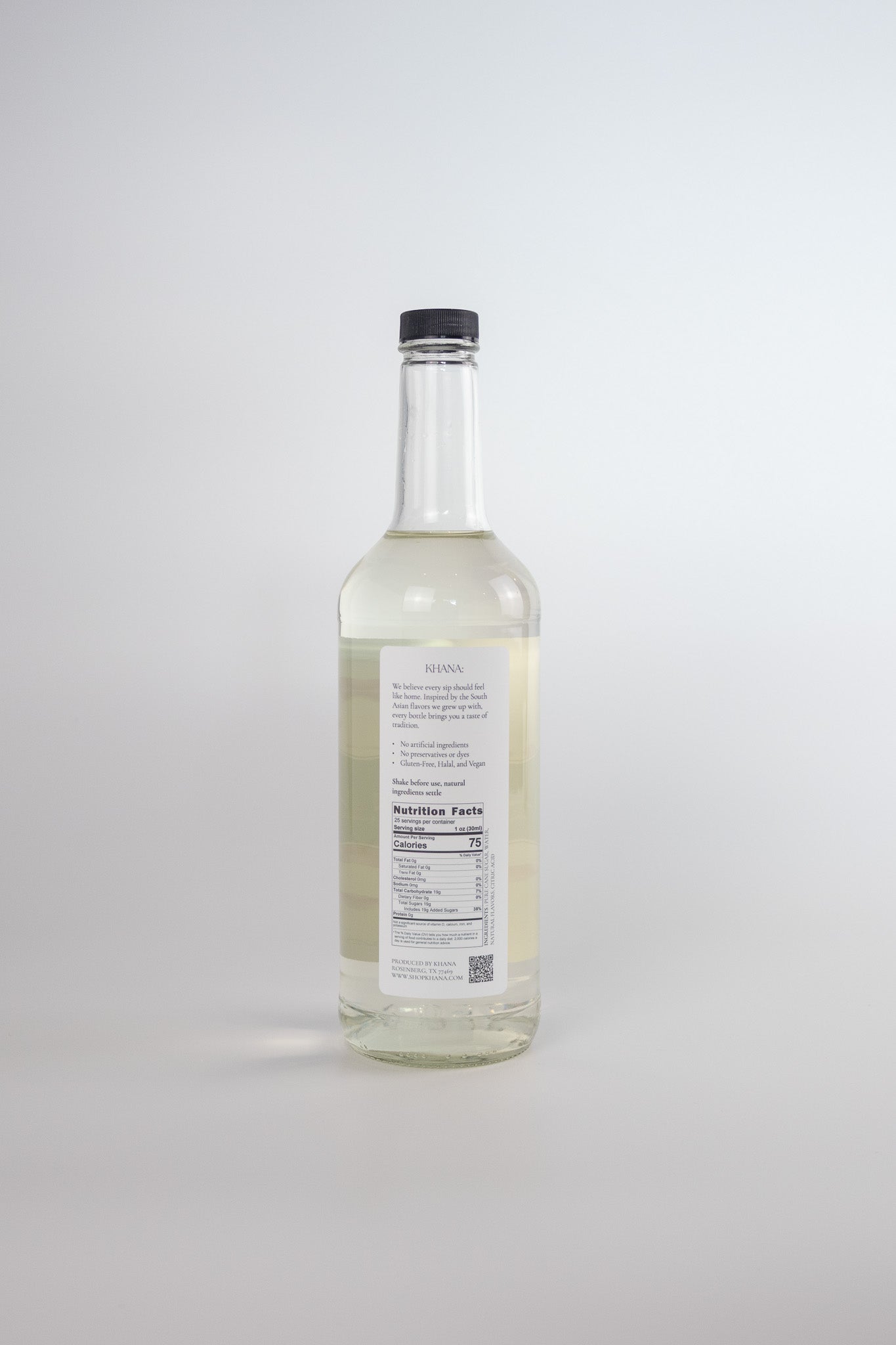 Khana Rose Syrup back label showing ingredients and nutrition facts