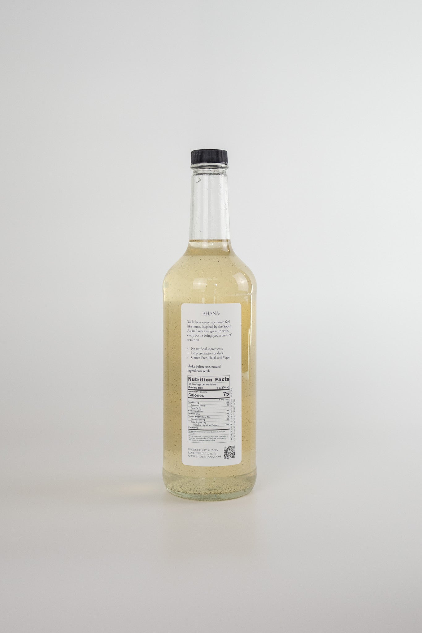 Khana Vanilla Cardamom Syrup back label showing ingredients and nutrition facts