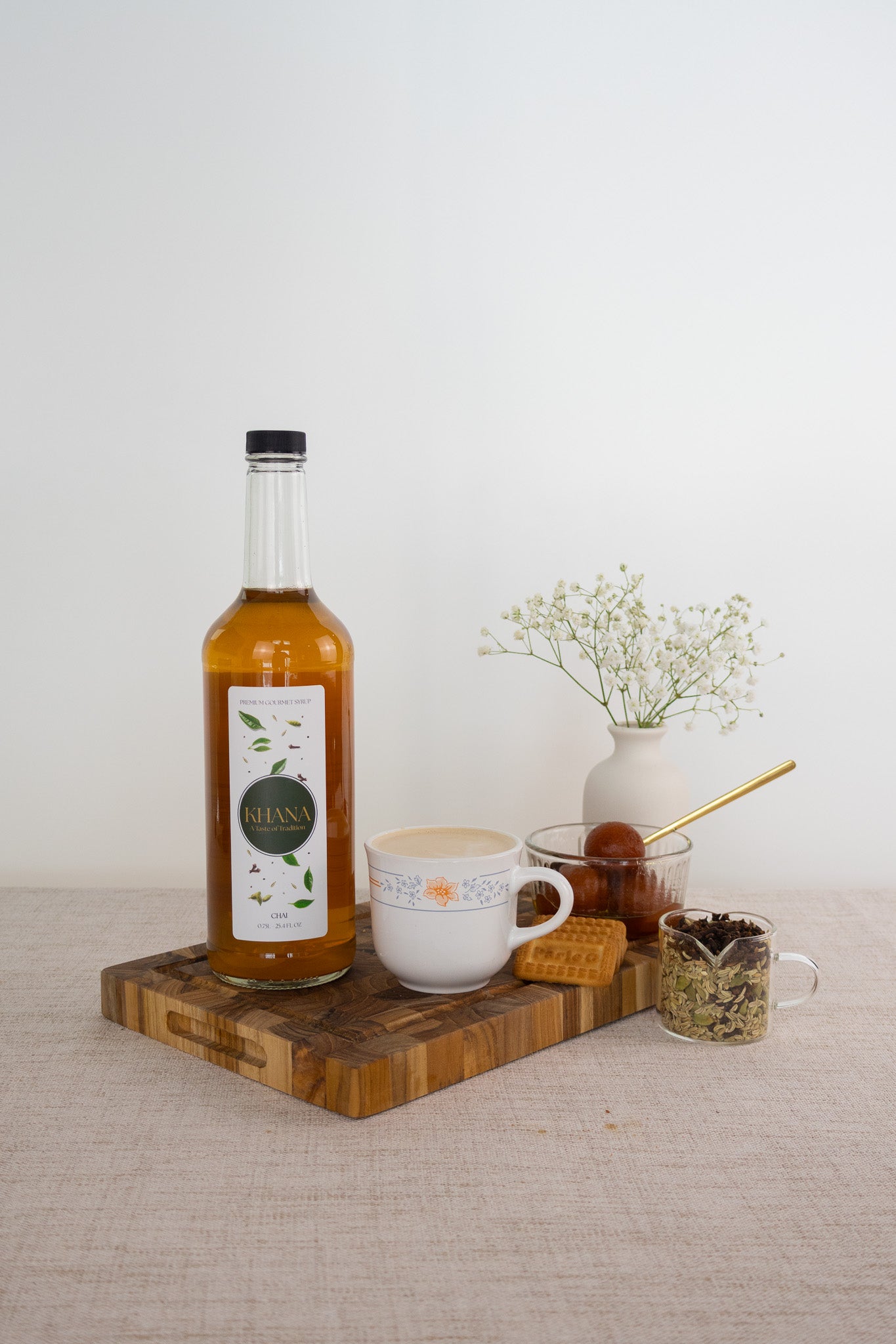 Khana Chai Syrup lifestyle shot - authentic South Asian-inspired spiced chai coffee syrup