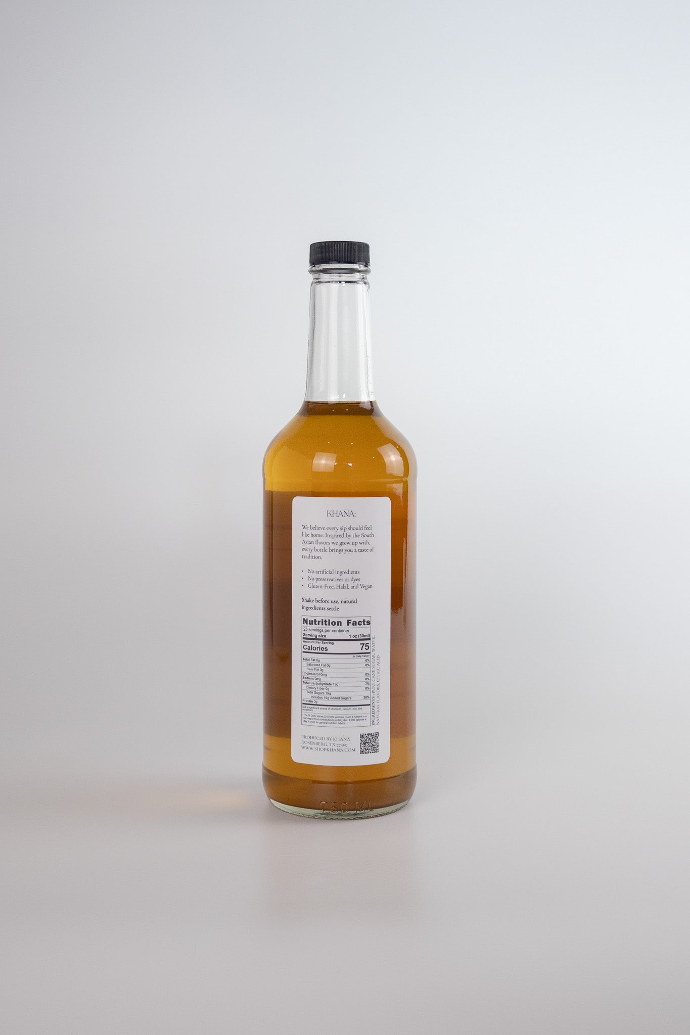 Khana Chai Syrup back label showing ingredients and nutrition facts