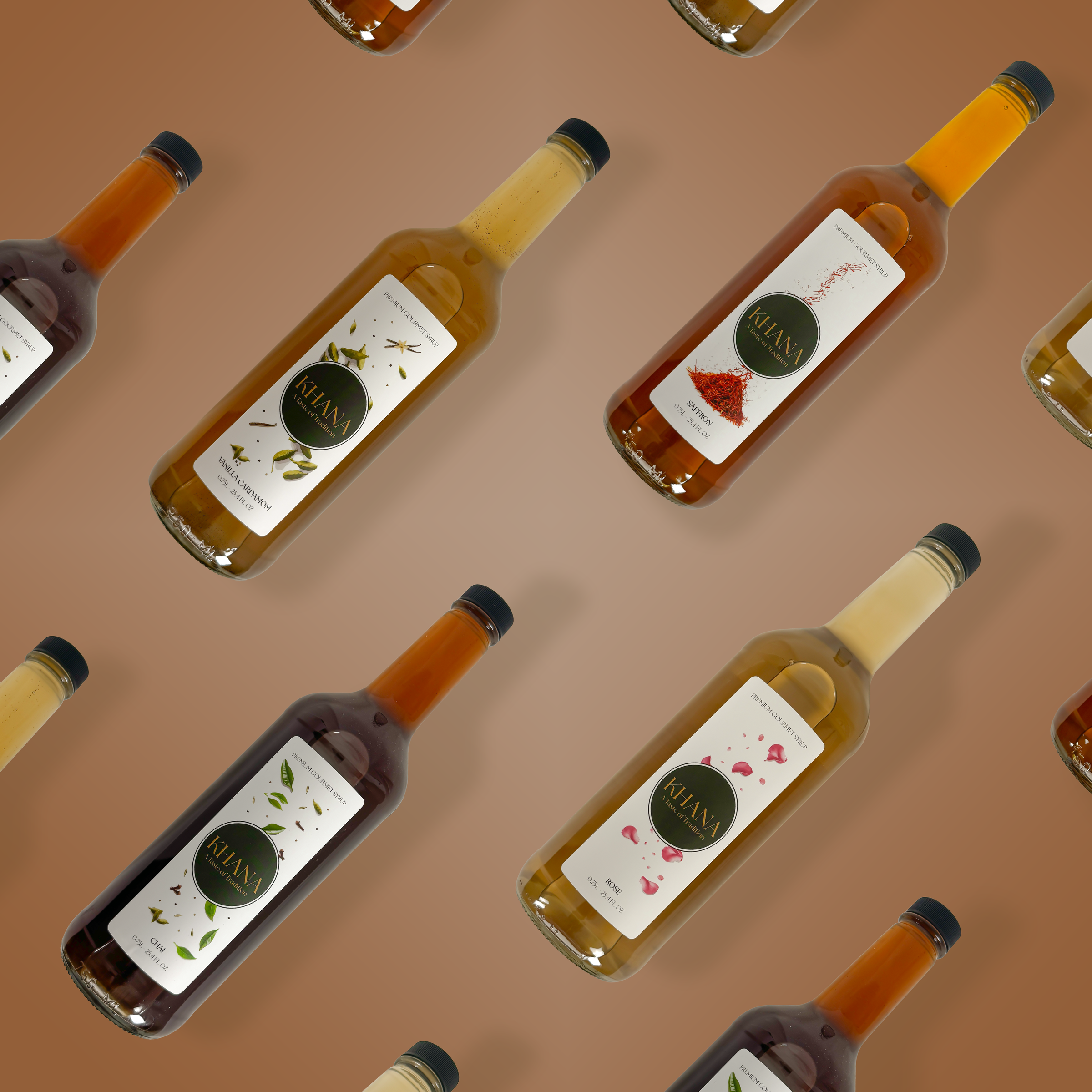 Pattern of Khana All Natural Syrups (All Natural Rose Syrup, All Natural Vanilla Cardamom Syrup, All natural Chai Syrup, All Natural Vanilla Syrup, All Natural Vanilla Cardamom Syrup, All Natural Cardamom Syrup).