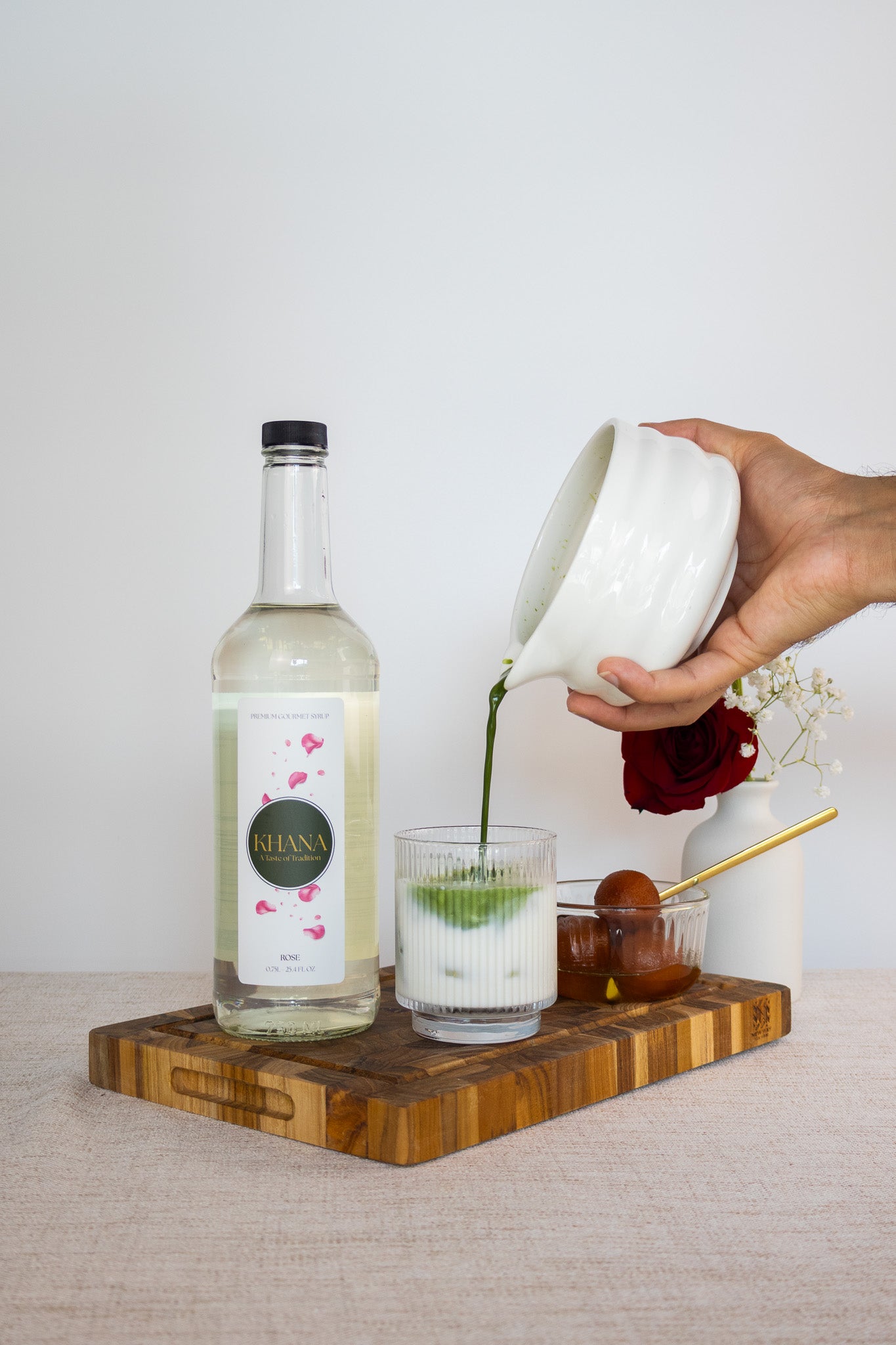 Khana Rose Syrup lifestyle shot - floral South Asian-inspired all-natural beverage syrup