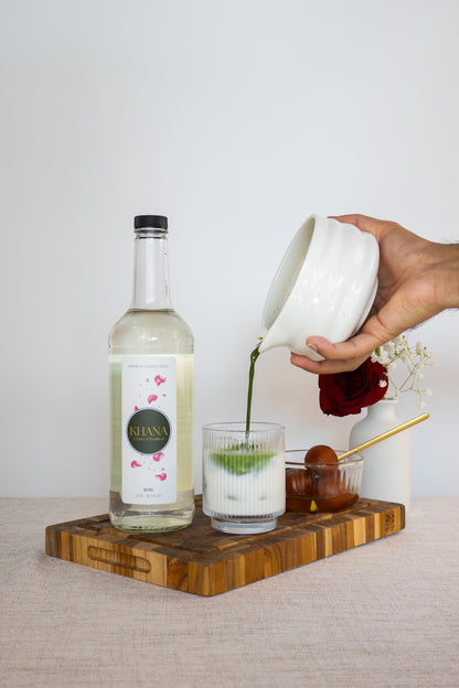 Khana Rose Syrup lifestyle shot - floral South Asian-inspired all-natural beverage syrup