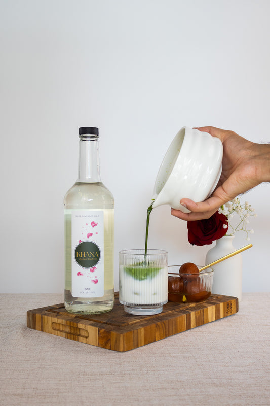 Khana Rose Syrup lifestyle shot - floral South Asian-inspired all-natural beverage syrup