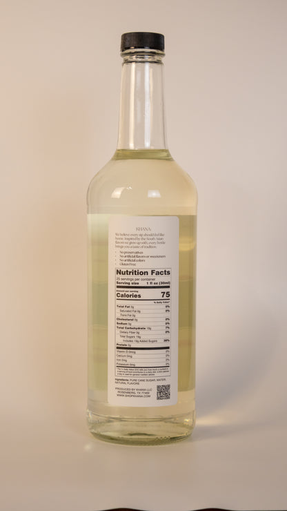 Khana Rose Syrup 750mL nutrition label and ingredients. 25 servings per container. 1oz serving size. 75 calories and 19g of sugar per serving. All natural, no artificial dyes, sweeteners, or flavors of any kind.