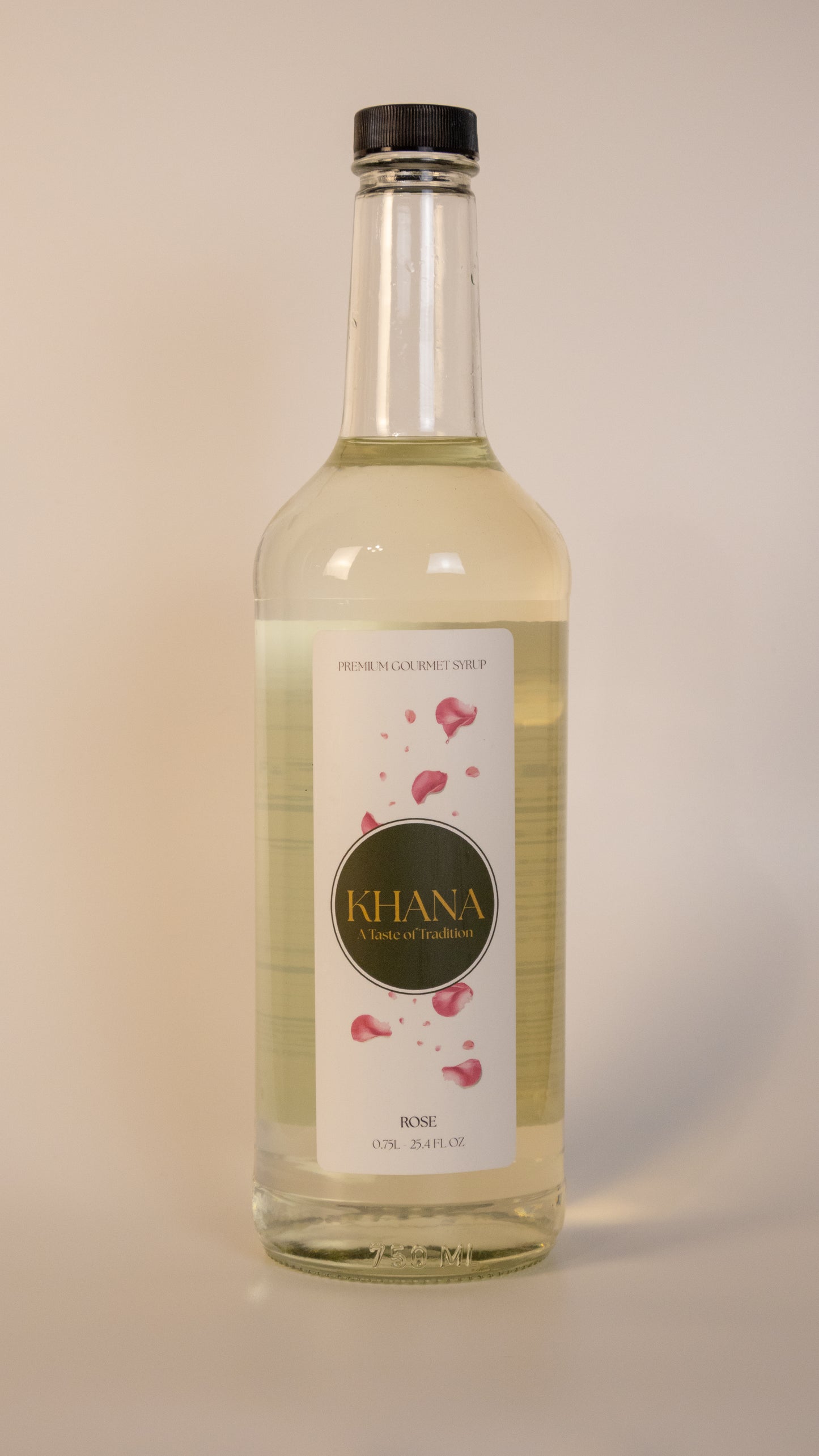 Khana Rose Syrup - 750mL glass bottle. All natural South Asian-inspired syrup for coffee, matcha, and more. No artificial dyes, sweeteners, or flavors of any kind.