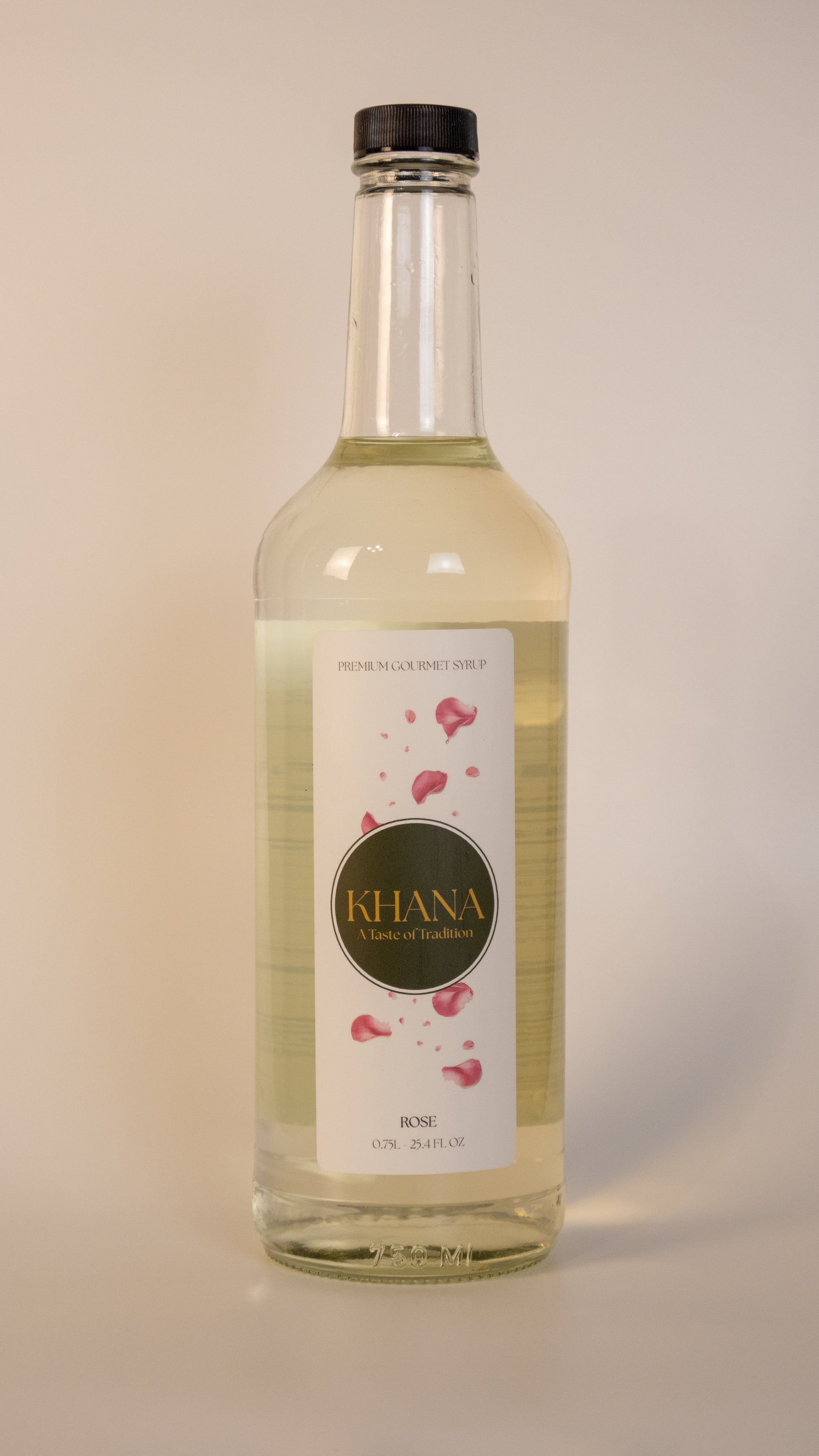 Khana Rose Syrup - 750mL glass bottle. All natural South Asian-inspired syrup for coffee, matcha, and more. No artificial dyes, sweeteners, or flavors of any kind.