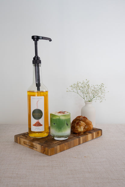 Khana Saffron Syrup lifestyle shot - premium South Asian-inspired coffee and cocktail syrup