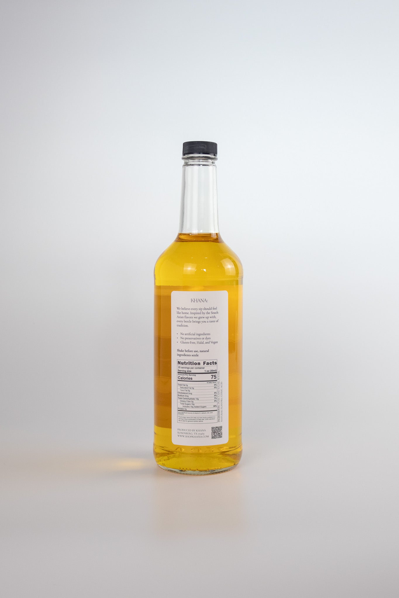 Khana Saffron Syrup back label showing ingredients and nutrition facts