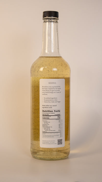 Khana Vanilla Bean Syrup 750mL nutrition label and ingredients. 25 servings per container. 1oz serving size. 75 calories and 19g of sugar per serving. All natural, no artificial dyes, sweeteners, or flavors of any kind.