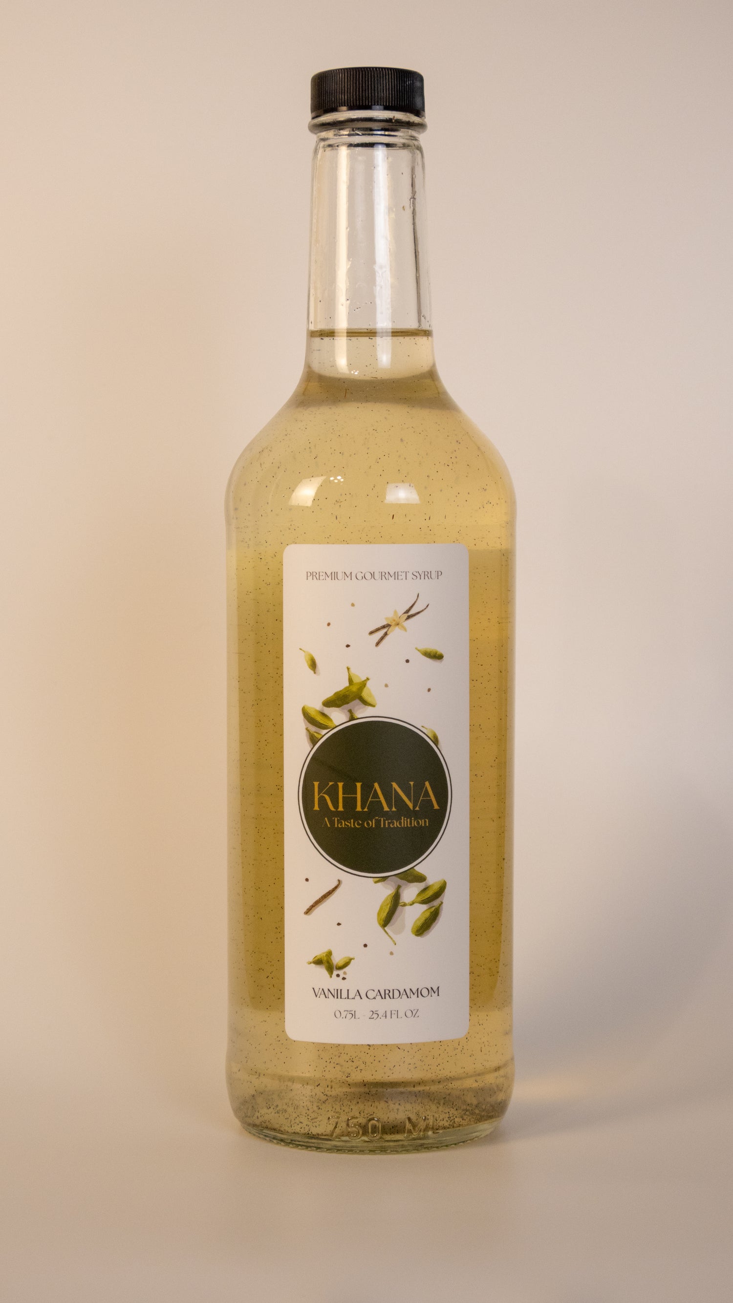 Khana Vanilla Cardamom Syrup - 750mL glass bottle. All natural South Asian-inspired syrup for coffee, matcha, and more. No artificial dyes, sweeteners, or flavors of any kind.