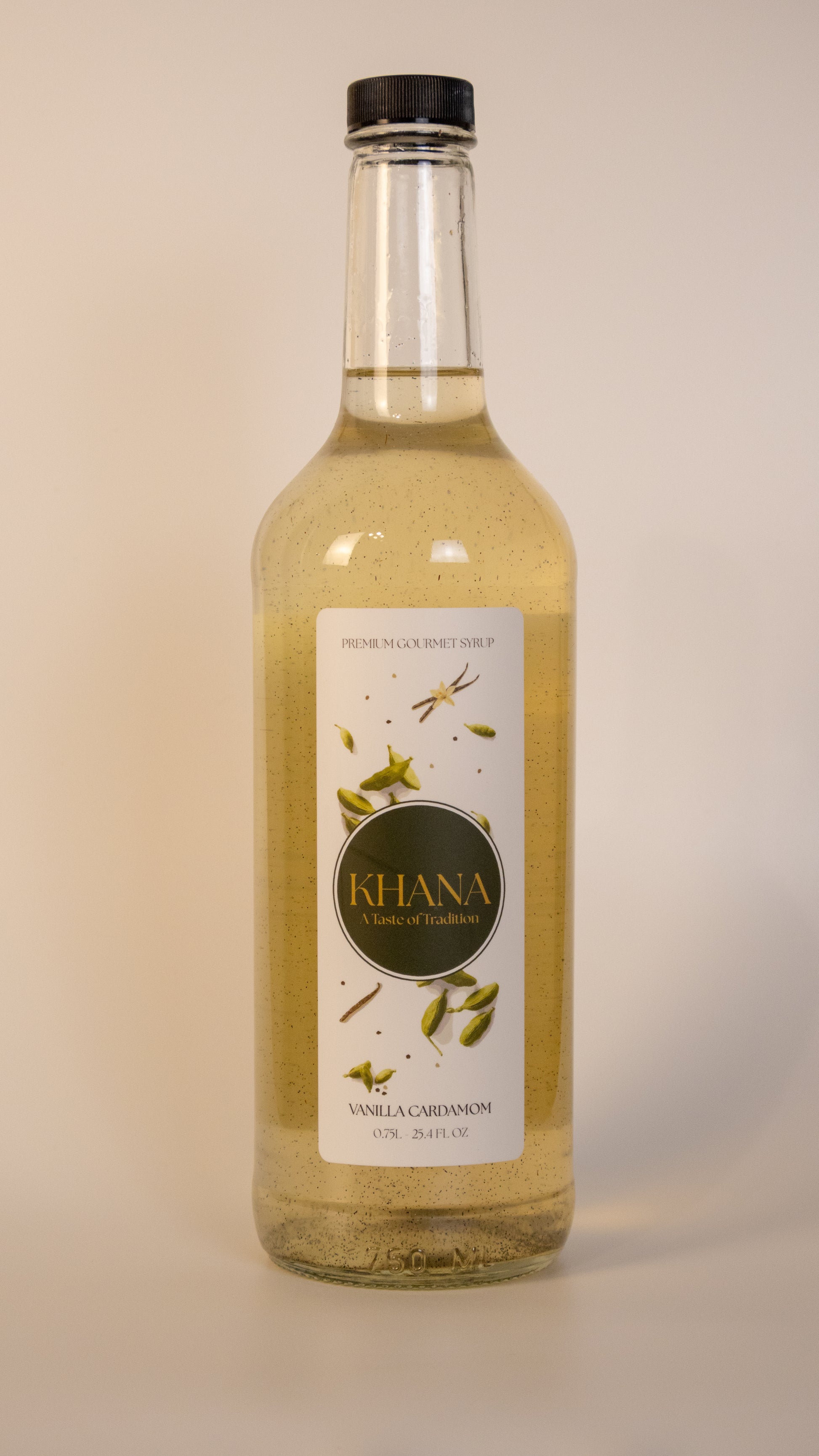 Khana Vanilla Cardamom Syrup - 750mL glass bottle. All natural South Asian-inspired syrup for coffee, matcha, and more. No artificial dyes, sweeteners, or flavors of any kind.