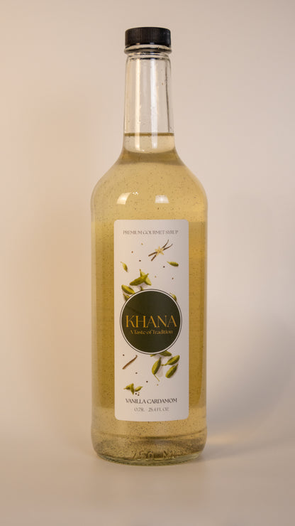 Khana Vanilla Cardamom Syrup - 750mL glass bottle. All natural South Asian-inspired syrup for coffee, matcha, and more. No artificial dyes, sweeteners, or flavors of any kind.
